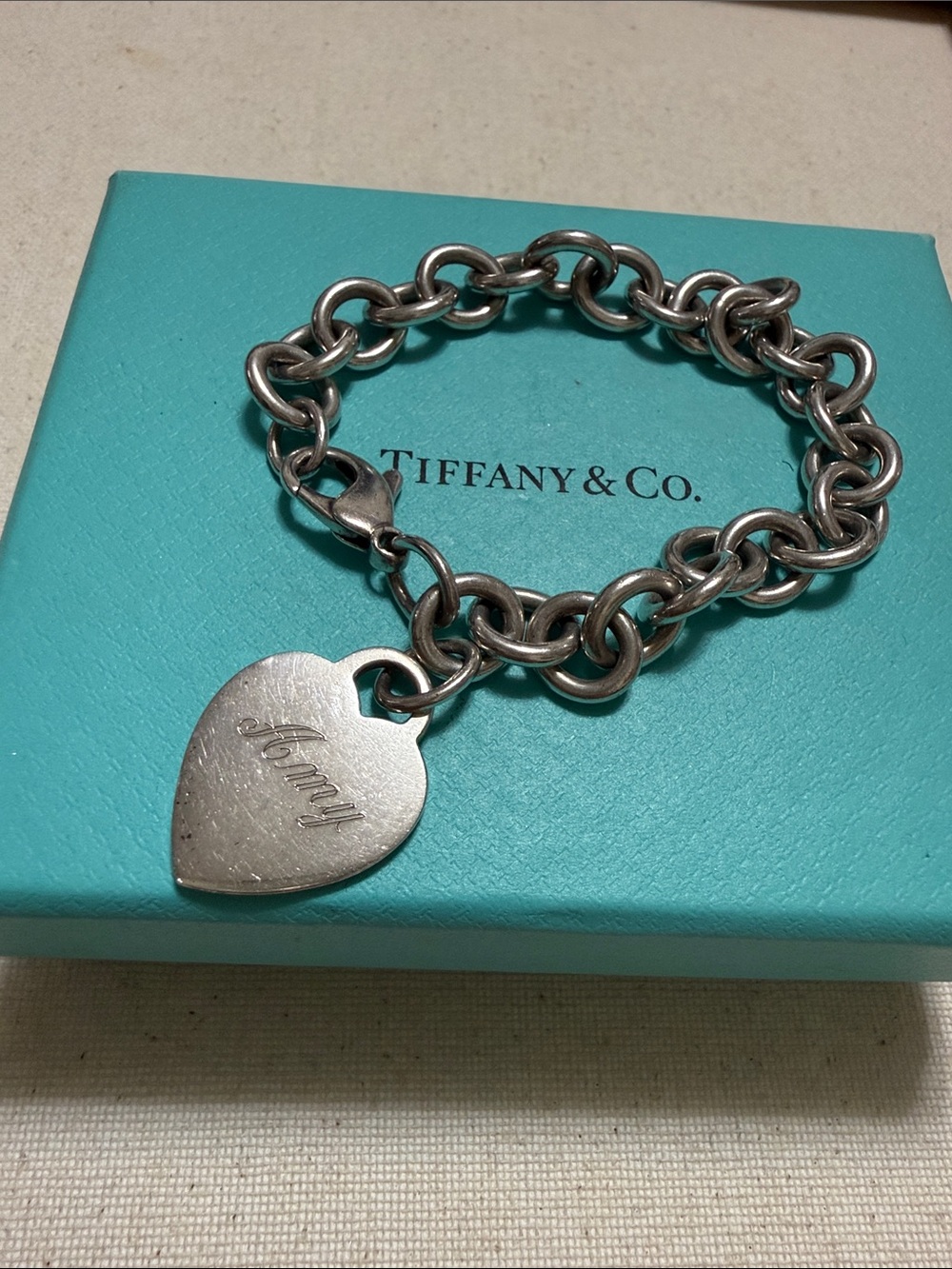 Tiffany & Co. 925 Sterling Silver Link Bracelet WHeart Tag W/Box 7.5’ in ”AMY”